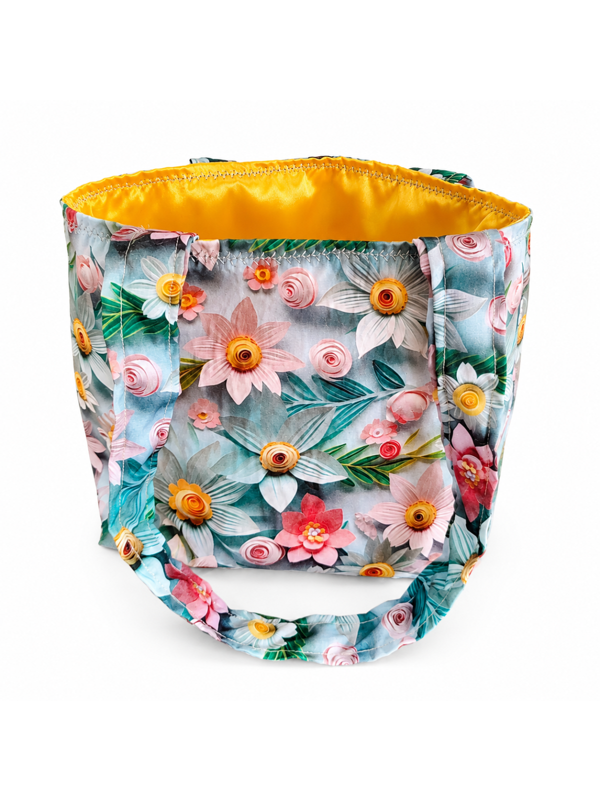 Sac Cabas Fleuri Artisanal en Tissu – Doublure Satin Jaune