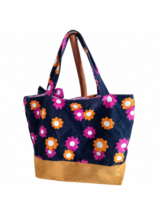 Sac cabas fleuri en velours côtelé camel | Sac artisanal femme
