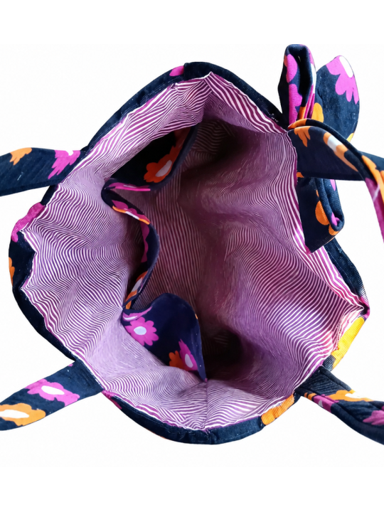 Sac cabas fleuri en velours côtelé camel | Sac artisanal femme
