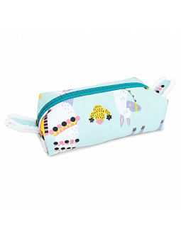 Petite trousse bleu ciel aux motifs colorés et ludiques.