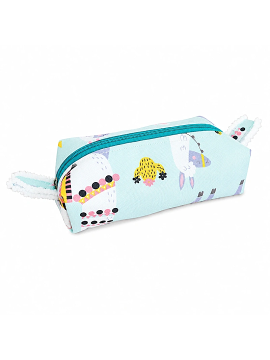 Petite trousse bleu ciel aux motifs colorés et ludiques.