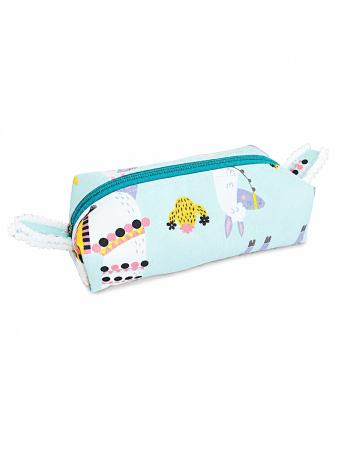 Petite trousse bleu ciel aux motifs colorés et ludiques.