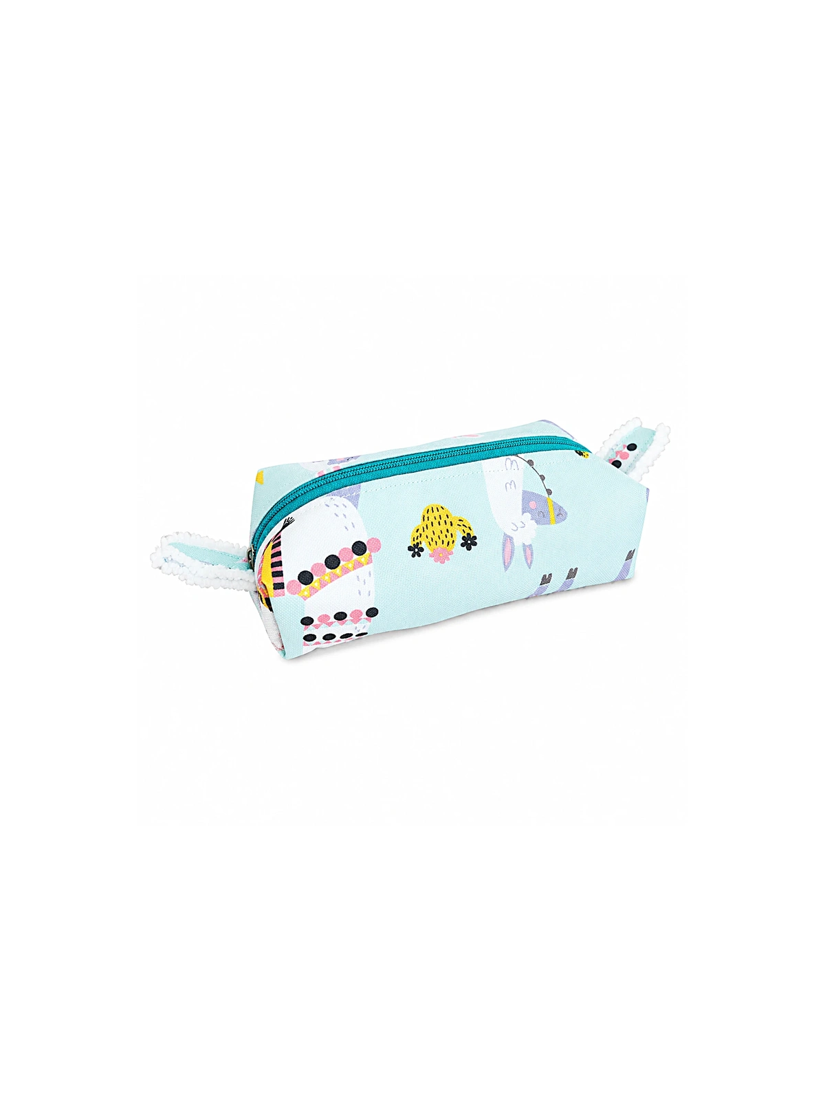Petite trousse bleu ciel aux motifs colorés et ludiques.