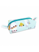 Petite trousse bleu ciel aux motifs colorés et ludiques.