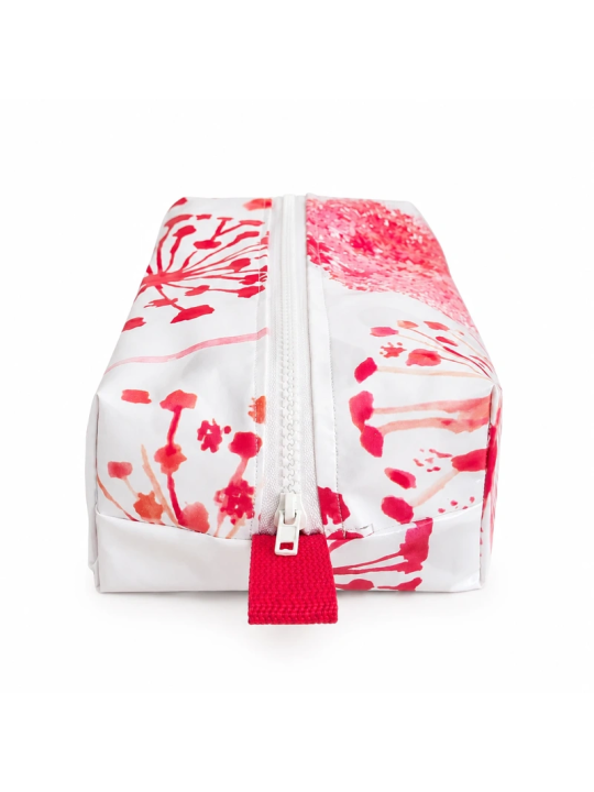 Trousse de toilette imperméable blanche à motif fleur rouge – Grande capacité