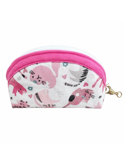 Pochette demi-lune artisanale – Chats roses et gris