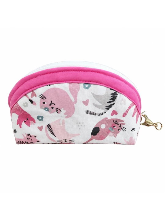 Pochette demi-lune artisanale – Chats roses et gris