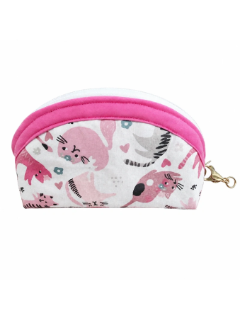 Pochette demi-lune artisanale – Chats roses et gris