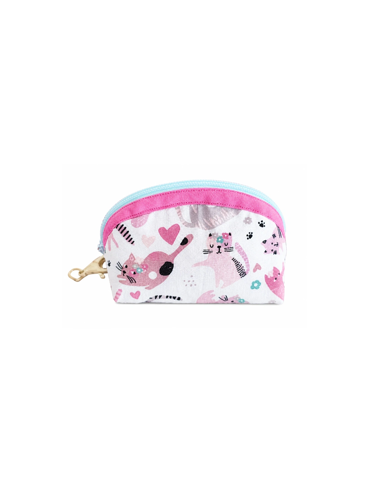 Pochette demi-lune artisanale – Chats roses et gris